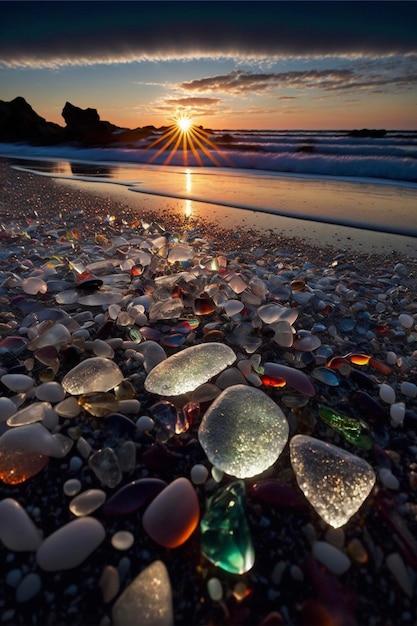 Bunch of sea glass sitting on top of a beach generative ai