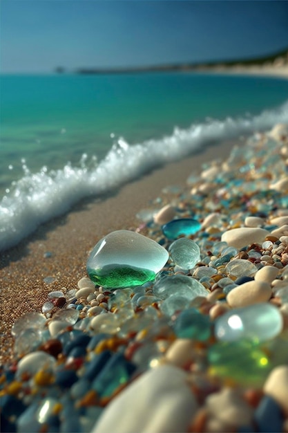 Bunch of sea glass sitting on top of a sandy beach generative ai