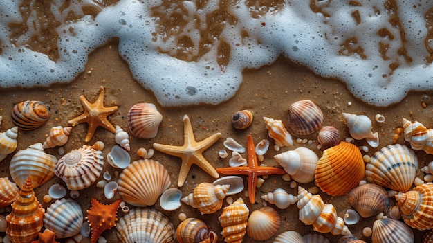 a bunch of sea shells are on a brown surface with bubbles and bubbles