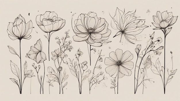 Photo a bunch of simple and minimal line art flower design