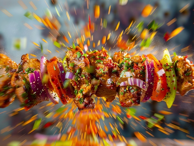 Photo a bunch of skewers of meat and vegetables on a stick