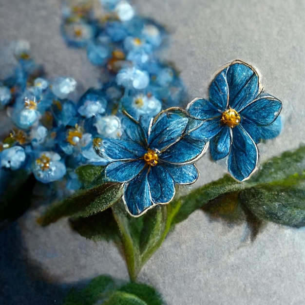 Bunch of small blue forget me not flowers with leaves