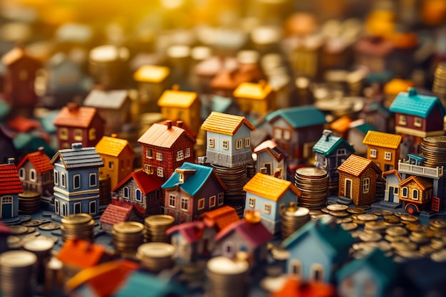 Bunch of small houses that are on top of pile of coins Generative AI