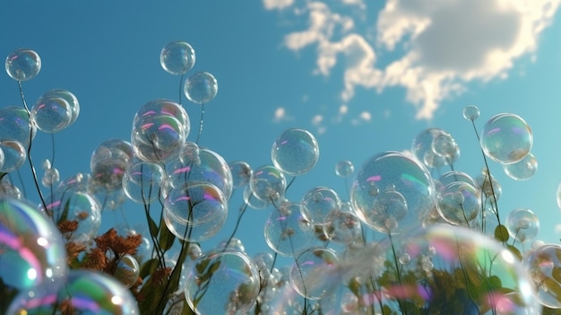 A bunch of soap bubbles in the sky