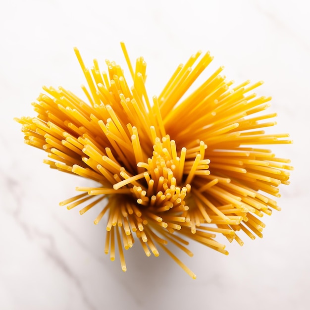 A bunch of spaghetti on a white marble background Top view Square format