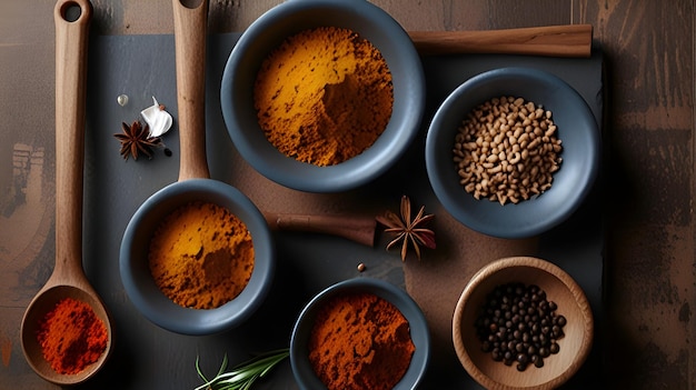 a bunch of spices are on a board with a bottle of pepper