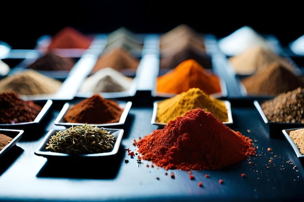 A bunch of spices are on a table with one that says, " turmeric ".