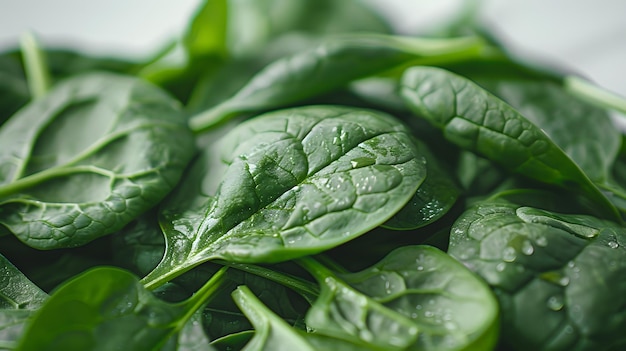 Photo a bunch of spinach leaves with water drops