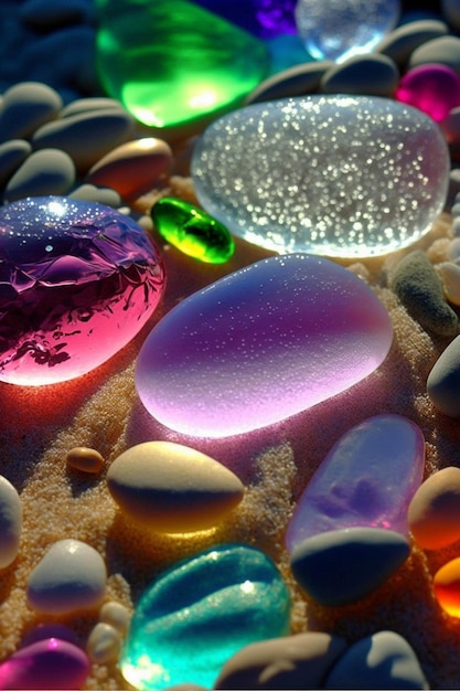 Bunch of stones sitting on top of a sandy beach generative ai