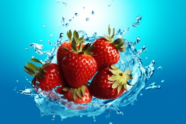 A bunch of strawberries are in a water splash.