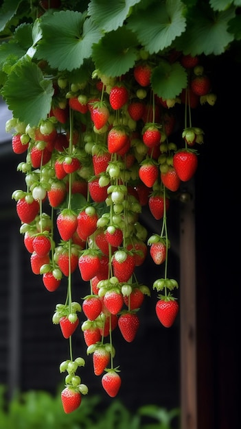 A bunch of strawberries hanging from a vine