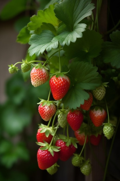 A bunch of strawberries hanging from a vine