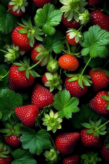 A bunch of strawberries with green leaves on them