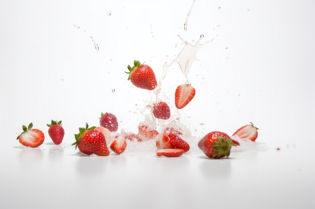 Bunch of strawberry falling with water splash on white background