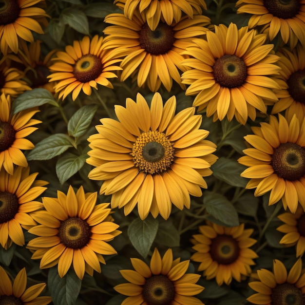 a bunch of sunflowers with the middle one has a green center.