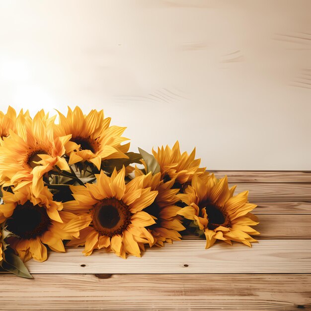 a bunch of sunflowers on a wooden table.