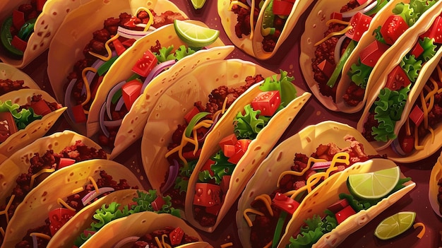 a bunch of tacos are stacked on a table