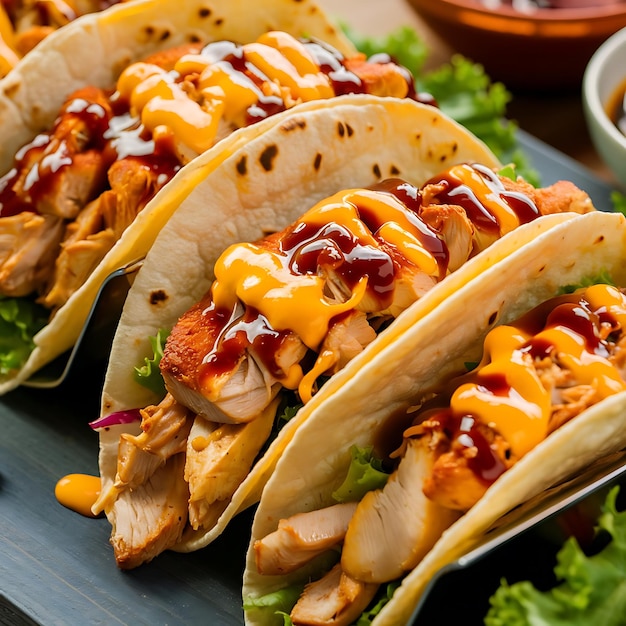 a bunch of tacos with ketchup and mustard on them