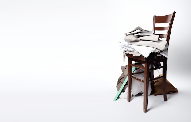 A bunch of things are lying on a chair a mess White background isolate AI generated