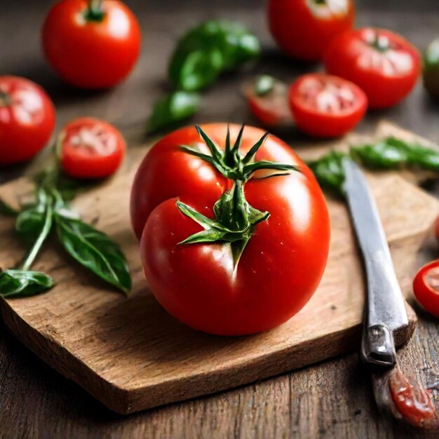 a bunch of tomatoes are on a cutting board with a knife