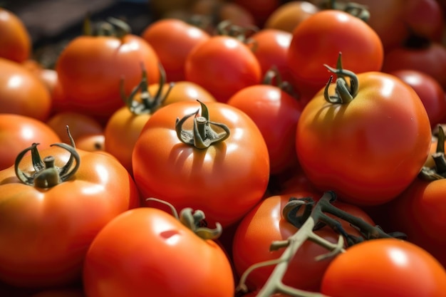 A bunch of tomatoes are on display in a market.