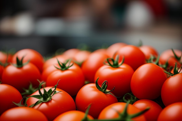 A bunch of tomatoes are on display at a market.