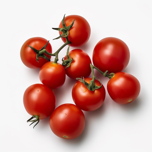 A bunch of tomatoes are on a white background.