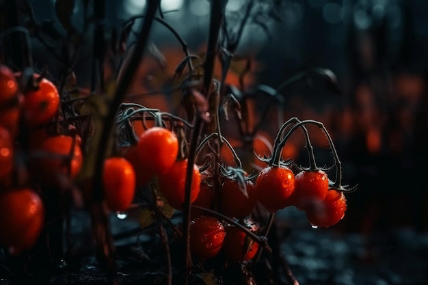 A bunch of tomatoes in a dark room