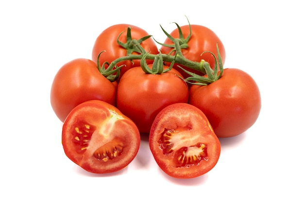 Bunch tomatoes Freshly cut tomatoes isolated on white background Organic food close up