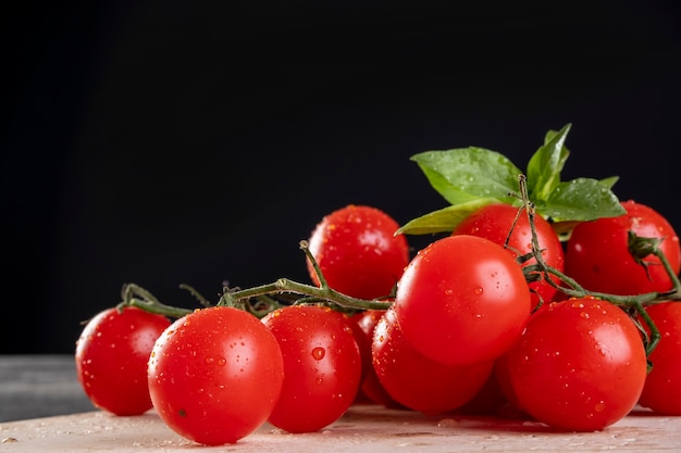 Bunch of tomatoes with basil leaves on white marble stone.