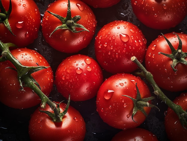 A bunch of tomatoes with water drops on them