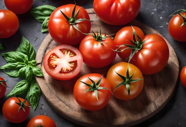 a bunch of tomatoes on a wooden plate with a tomato on top