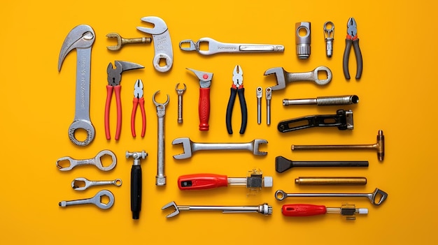 A bunch of tools on a yellow background