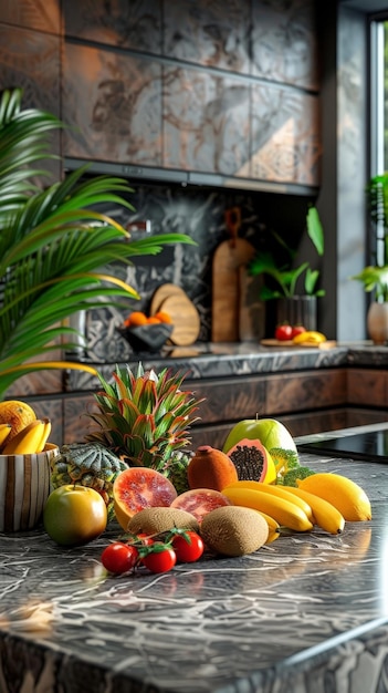 a bunch of tropical fruits on a counter top