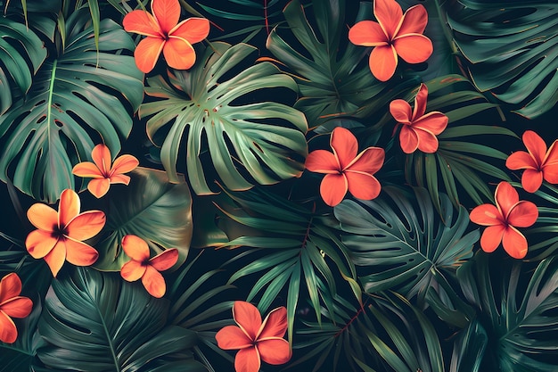 A bunch of tropical plants with orange flowers