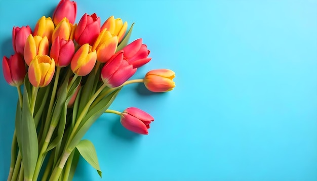 a bunch of tulips are on a blue table