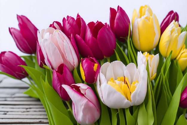 A bunch of tulips are on a wooden table.