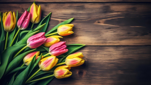 A bunch of tulips on a wooden background