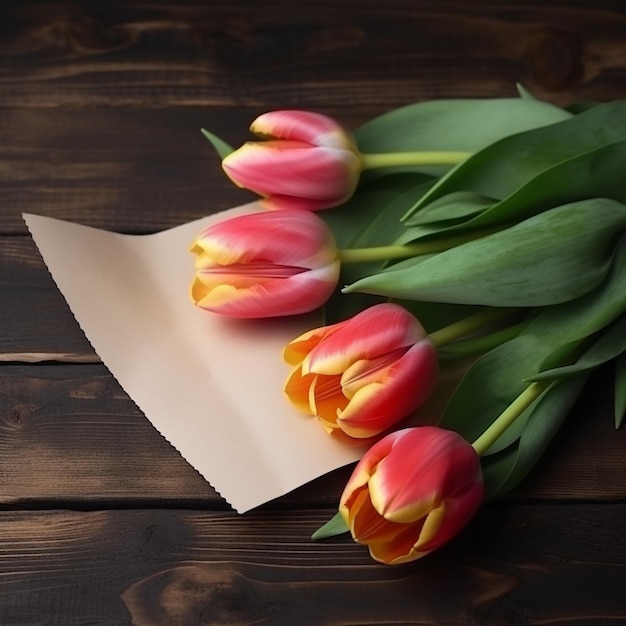 A bunch of tulips on a wooden table