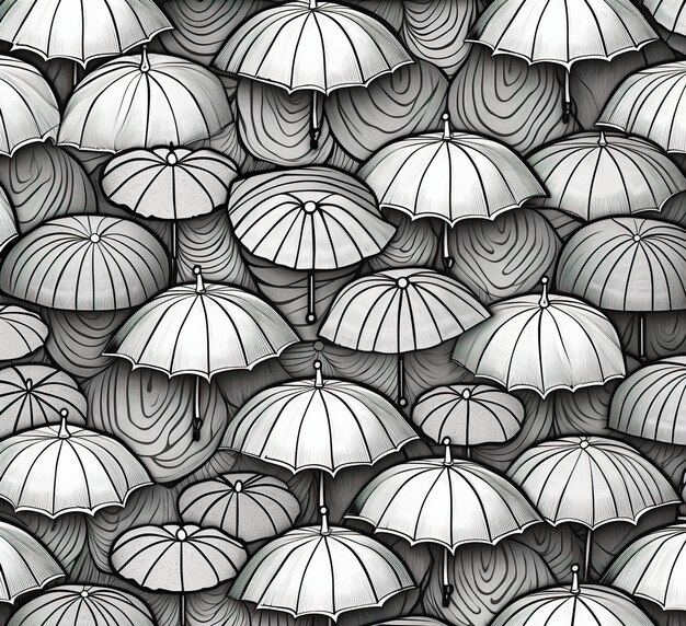 a bunch of umbrellas that are in black and white