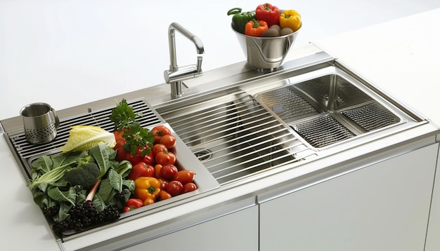 a bunch of vegetables are on a counter top Kitchen Washing Fruit Sink