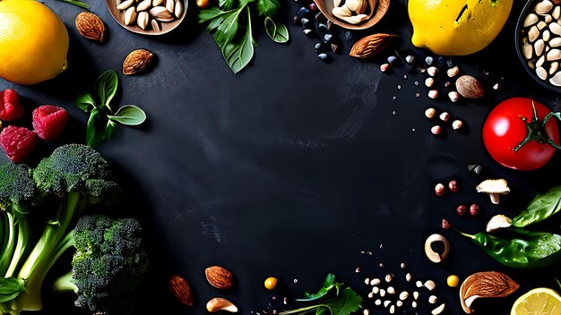 Photo a bunch of vegetables and fruits on a black background with a picture of a vegetable on it