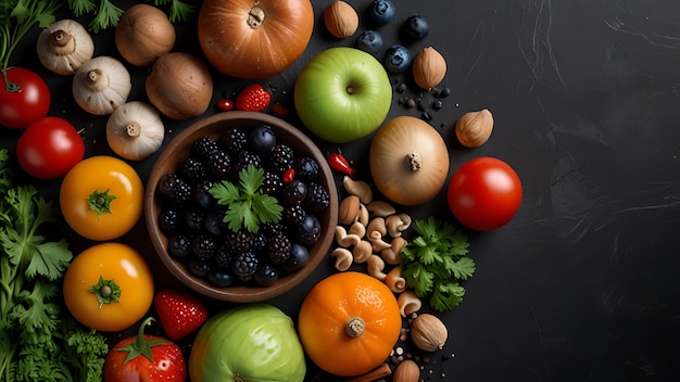 a bunch of vegetables and fruits on a black background with a picture of a vegetable on it