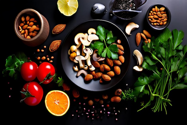 Photo a bunch of vegetables and fruits on a black background with a picture of a vegetable on it