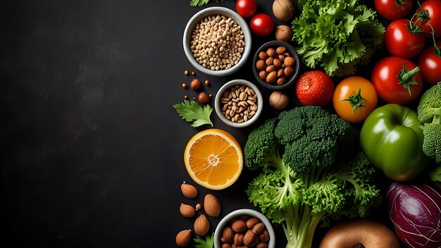 a bunch of vegetables and fruits on a black background with a picture of a vegetable on it