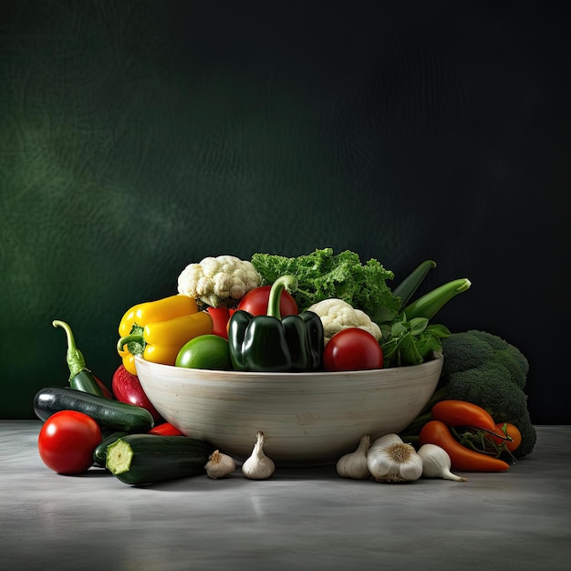 a bunch of vegetables sitting in a bowl in the style of sparse background