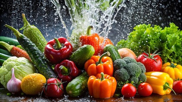 a bunch of vegetables that are being sprayed with water