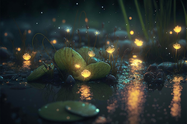 Bunch of water lillies floating on top of a body of water generative ai