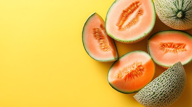 a bunch of watermelon cut in half on a yellow background