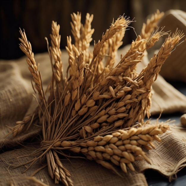 A bunch of wheat is on a table with a piece of cloth.